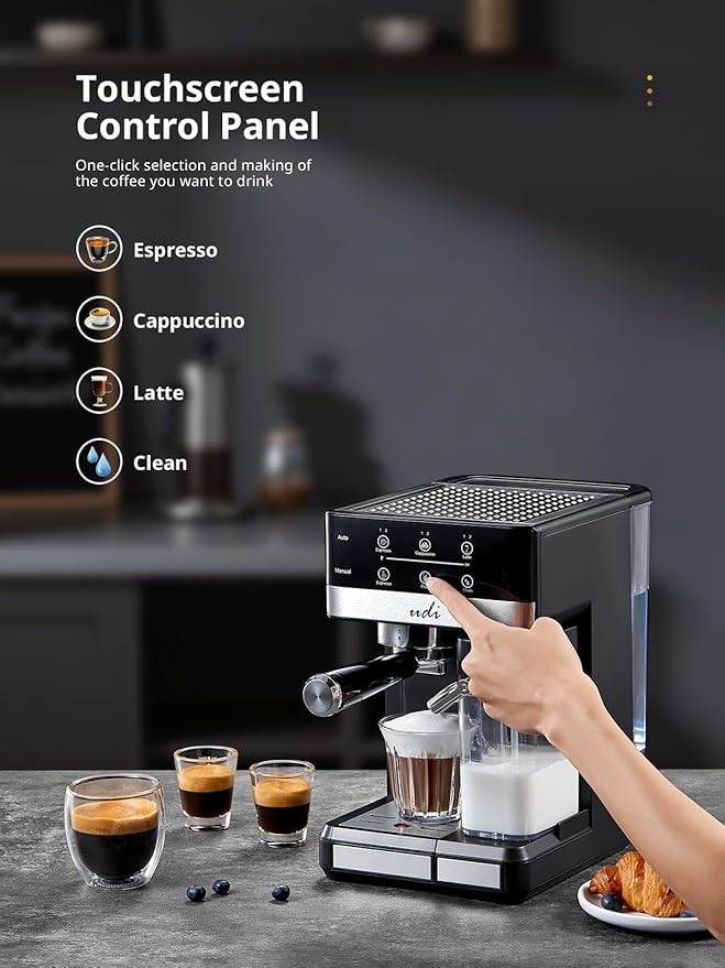 UDI Espresso Machine, 20 Bar Cappuccino & Latte Coffee Maker with Automatic Milk Frother, Auto or Manual Quick Brew Dual Boiler, Touchscreen Espresso Maker, Black