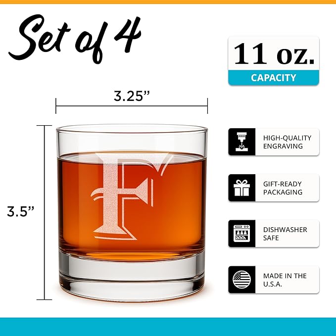 On The Rox Drinks 4 Piece Glass Set Engraved with F Monogram, 11 Ounce