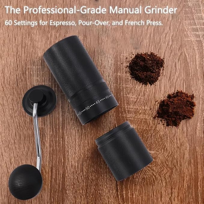Portable Hand Coffee Bean Grinder with 60 Adjustable Settings, Stainless Steel Conical Burr Manual Coffee Grinder, Labor-Saving Crank Handle Perfect for Home, Office,Travel, Camping Espresso