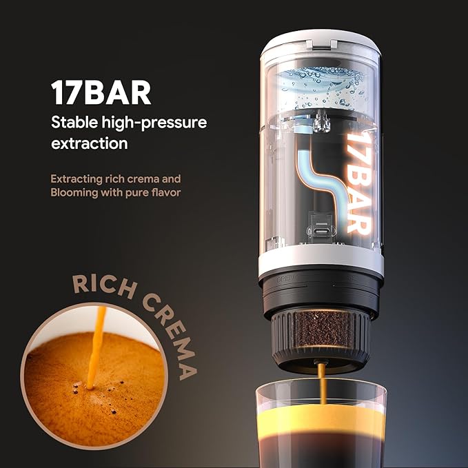 Portable Espresso Machine Mini 12V Rechargeable 3-in-1 Multi-Function Electric Coffee Machine One Key Extraction Compatible with NS & DG Capsules and Ground Coffee for Office Home (White)