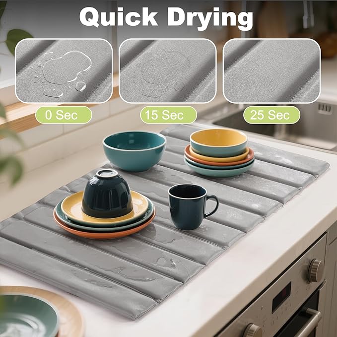 Stone Drying Mat for Kitchen Counter Foldable, Stain-Resistant PU Leather, Absorbent Diatomaceous Earth Bath Mat, Collapsible Quick Dry Stone Dish Drying Mat Large for Countertop 23" x 15.3"