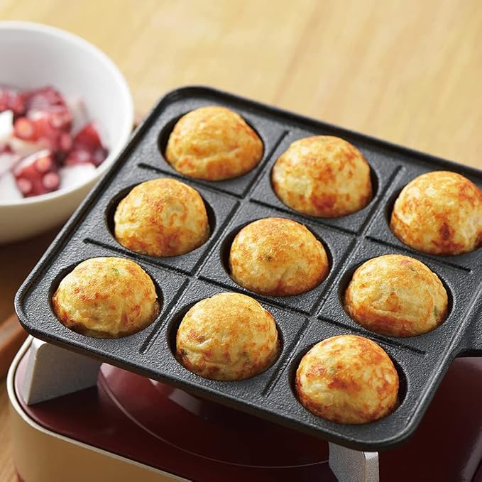 TIKUSAN Takoyaki Pan Cast Iron Takoyaki Maker Skillet Griddle Japanese Octopus Meat Ball Mold Maker for Gas Heater (9 Molds)