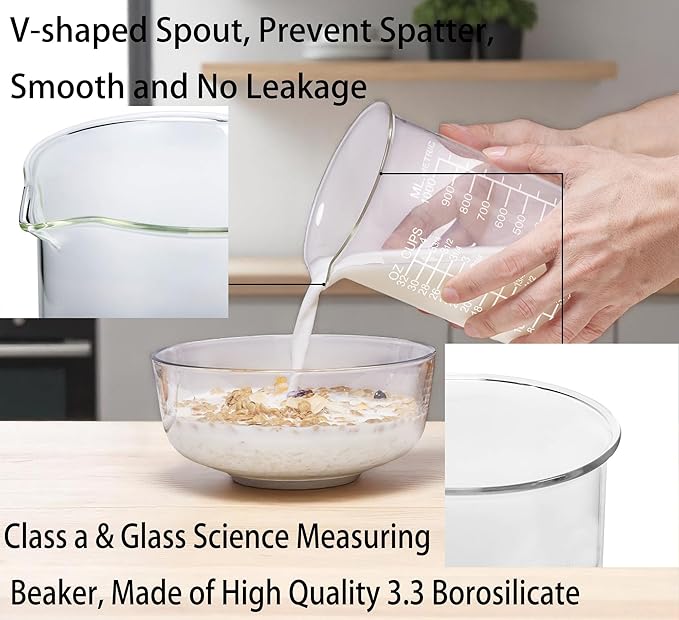 Ackers Etched Graduated Glass Measuring Cup - V-Shaped Spout- High Borosilicate Glass Measuring Cup for Kitchen or Dining, Easy to Read,1000 ML (32 Oz, 4 Cup)