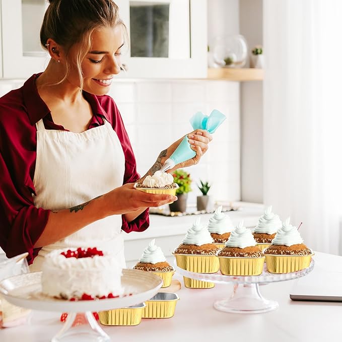 Aoriher 150 Pieces 10 oz Mini Cake Pans with Lids Aluminum Foil Baking Cups Square Disposable 4" x 4" Large Cupcake Cups Baking Tins for Kitchen Brownie Pudding Desserts Holders(Gold, Silver)
