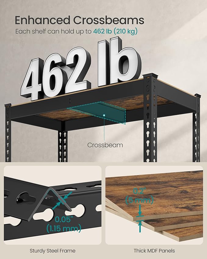 SONGMICS 5-Tier Storage Shelves, Load 2310 lb, Garage Storage, Boltless Assembly, Adjustable Shelving Unit, 11.8 x 29.5 x 59.1 Inches, for Study Shed Basement, Black and Rustic Brown UGLR300B11