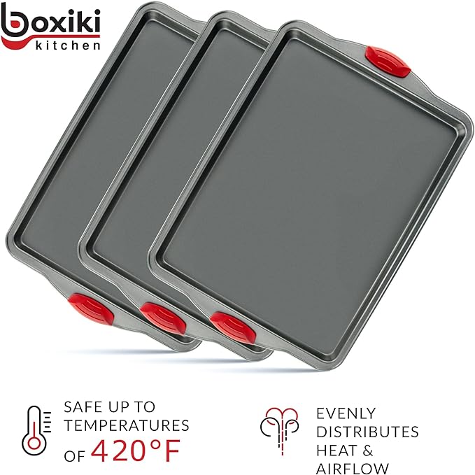 Premium Nonstick Baking Sheet Pans – Set of 3, Heavy-Gauge Carbon Steel, Warp, Dent, and Rust-Resistant – Gourmet Rimmed Half Cookie Sheet Trays, Non-Toxic for Exceptional Baking Performance