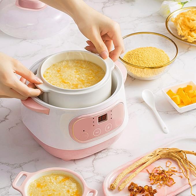Jiawu Electric Stew Pot, 200W 1L Digital Rice Cooker With Lid, Small Ceramic Cooker Built-in Timer, Makes Soups, Porridges, Grains and Cereals for Individuals (US)