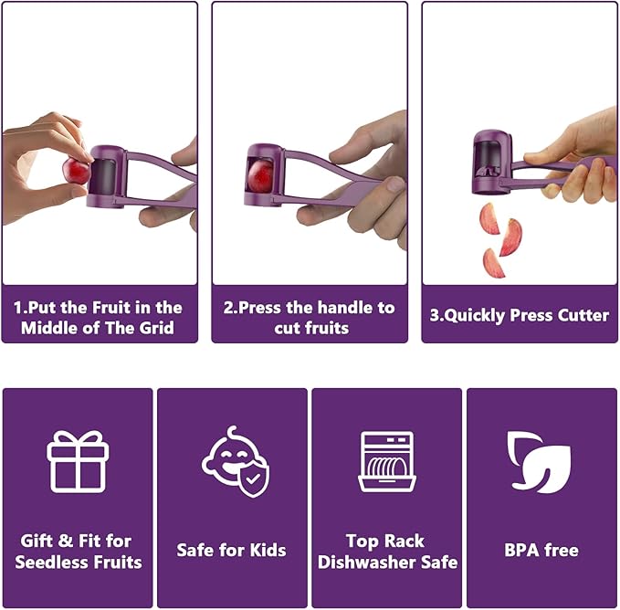 Grape Cutter,Stainless Steel Blades Quarter Grape Slicer with 4 Pieces Cutter for Toddlers Vegetable Fruit Salad,Slicer Kitchen Tomato Cherry Strawberry- Purple