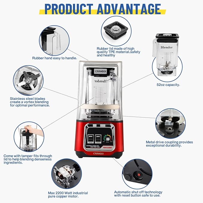 CRANDDI Professional Smoothie Blender, 2200W Commercial Soundproof Quiet blender with Removable Soundproof Shield for Crushing Ice, MilkShakes, Puree, Self-Cleaning, 50oz 110V K80 (Red)