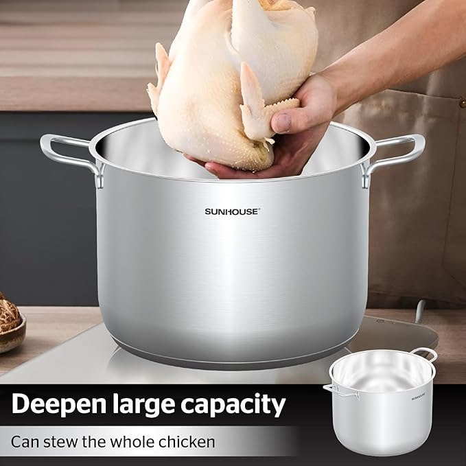 SUNHOUSE Stainless Steel Stock Pot – 12.6 Quart Heavy-Duty Induction Cooking Pot with Glass Lid for Pasta, Soup, Spaghetti – Thick-Bottom Large Stockpot for Boiling, Simmering, Canning