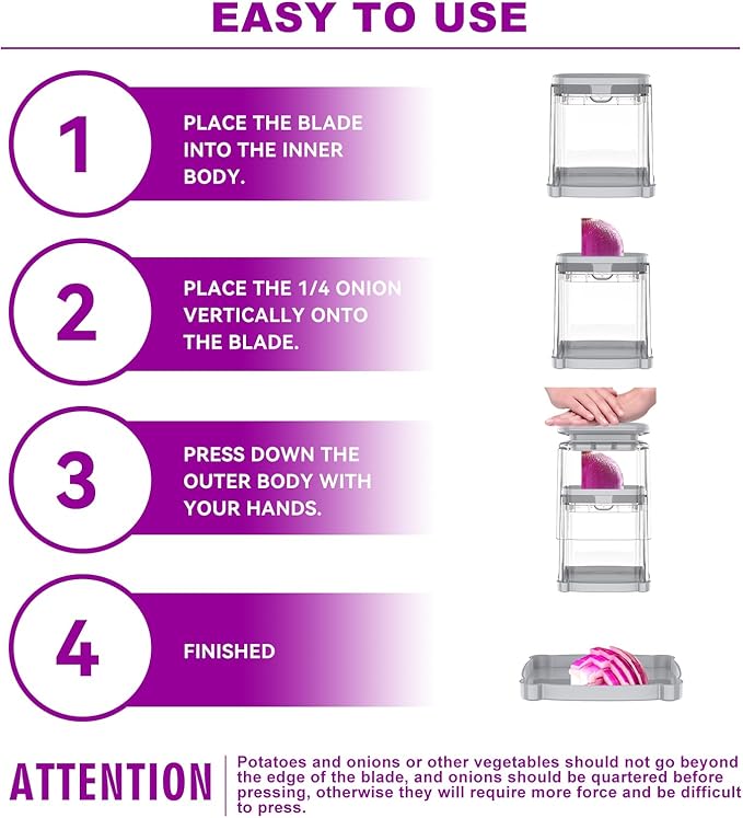 French Fry Cutter 4-in-1 – Potato Cutter for Fries, Onion Dicer, Food Chopper & Apple Slicer – Manual Hand Vegetable Cutter with 4 Blades