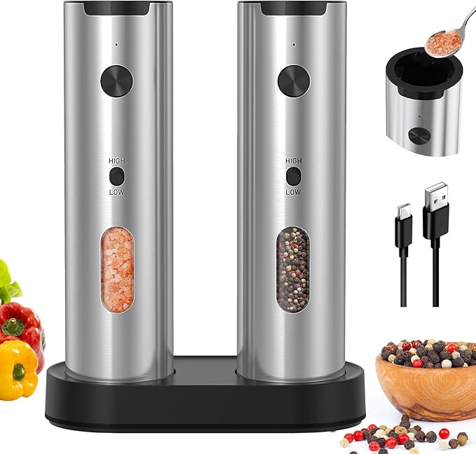 CIRCLE JOY Rechargeable Electric Salt and Pepper Grinder Set, 2-speed Stainless Steel Automatic Pepper Mill Grinder w/Charging Base, Adjustable Coarseness, LED Light, 110ml Large Capacity Top Fill