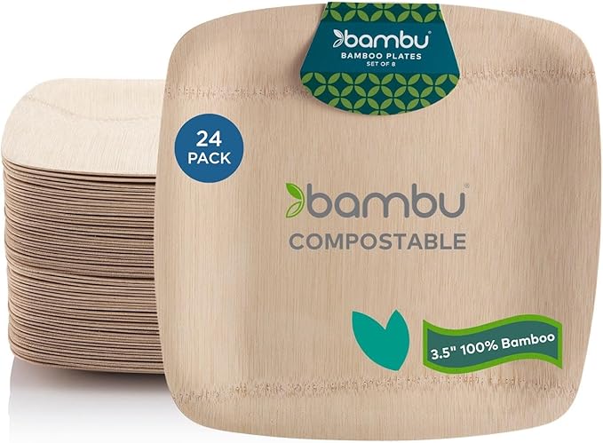 Bambu Pack of 24-3.5 Inch Disoposable Bamboo Square Tasting Plates, Biodegradable Eco Friendly Products, Bamboo Disposable Plates for Events, Compostable