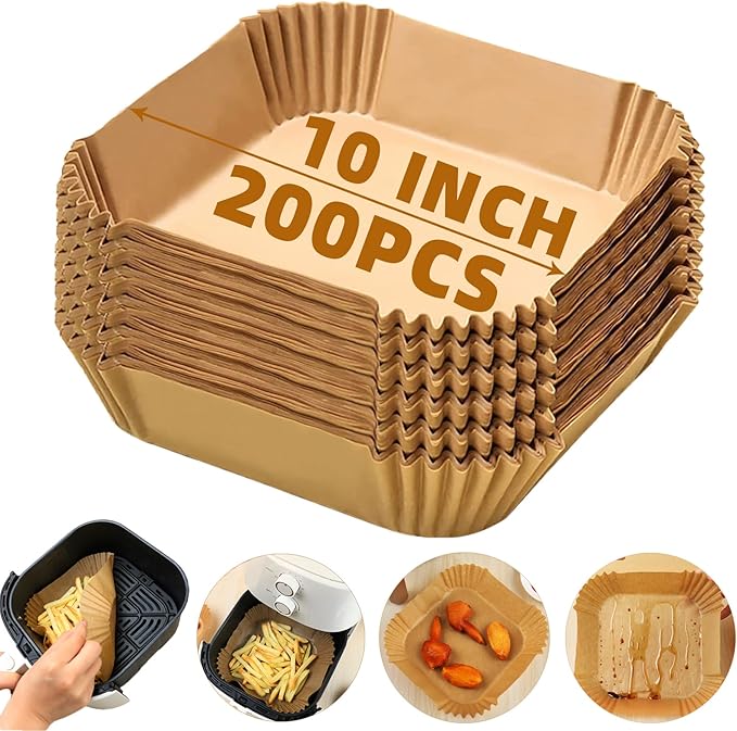 Air Fryer Liners Disposable,200PCS Victoyaw 10 Inch Square Air Fryer Parchment Paper Liners for 8-12QT Air fryer,Easy to Clean Non-Stick Waterproof Airfryer Paper Liner