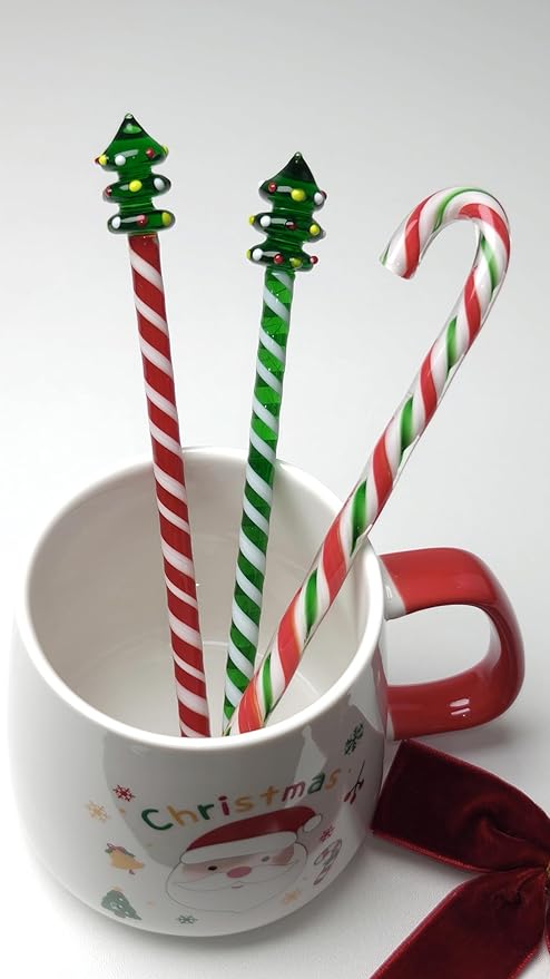 Christmas Candy Cane Glass Stir Sticks - 7.1" Cute Swizzle Stick for Coffee & Cocktails - Festive Red, Green& White Striped Design - Holiday Party Drink Mixers Essentials (5-Pack)