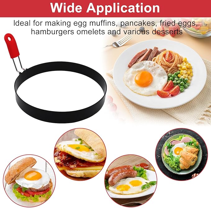6 Inch Large Egg Rings for Frying Eggs with Foldable Handle, 2 Pack Stainless Steel Round Egg Shaper, Eggs Mcmuffin Ring Mold for Camping Pancake Sandwiches