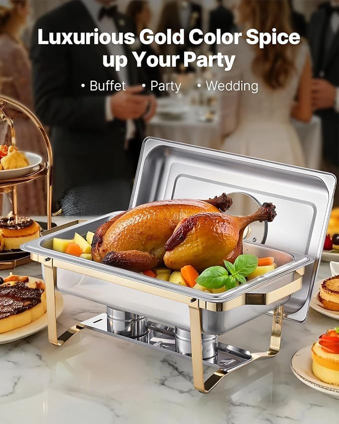 VEVOR Chafing Dish Buffet Set, 8 Qt 4 Pack, Stainless Steel Chafer with 4 Full Size Pans, Rectangle Catering Warmer Server with Glass Lid Water Pan Folding Stand Fuel Holder, for Wedding Party Banquet