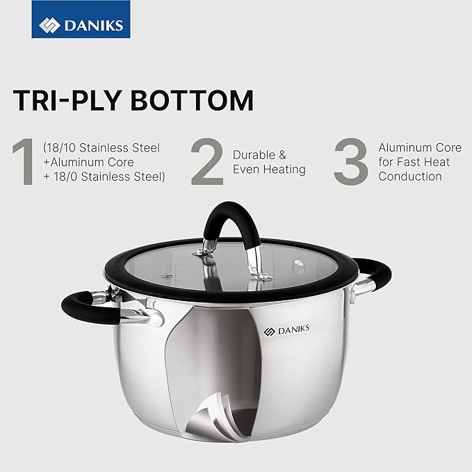 Daniks Orlando 11-Piece Stainless Steel Induction Cookware Set – Dishwasher Safe Saucepan, Frying Pan, Pots with Heatproof Handles, Glass Lids, Measuring Scale, Silver