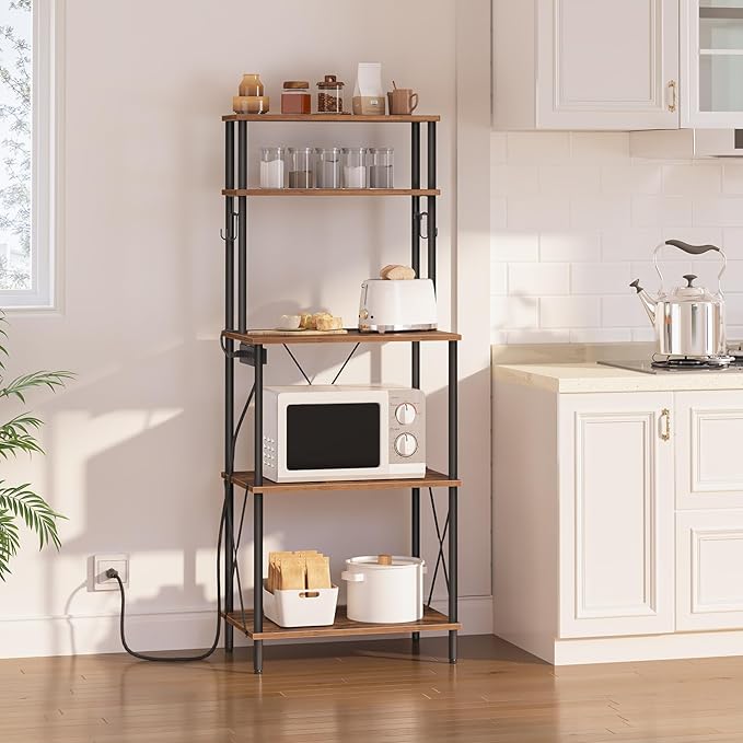 HOOBRO Kitchen Bakers Rack with Power Outlets, 5-Tier Microwave Stand, Coffee Bar with S-Shaped Hooks, Kitchen Storage Shelf Rack for Living Room, Dining Room, Rustic Brown and Black BF80UHB01