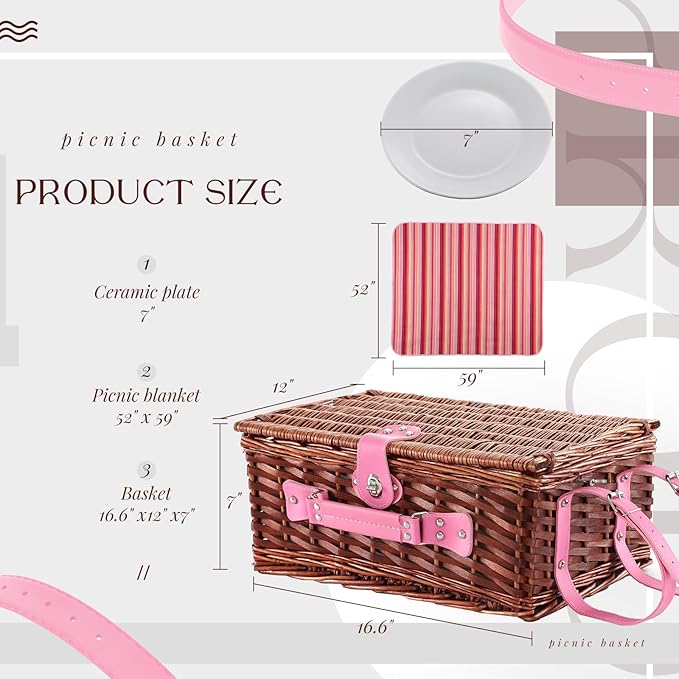 Picnic Basket Set for 4 with Waterproof Blanket Mat Insulation Bag Wicker Pink Red Stripe Classic Gift for Wedding Birthday Summer Camp Outdoor Camping Beach Travel Christmas Vacation