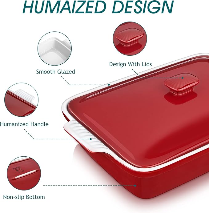 vancasso Blossom Casserole Dish, 13x9 Baking Dish, 3.8 Quart Casserole Dish Set Lasagna Pan Deep With Lid Oven Safe, Red