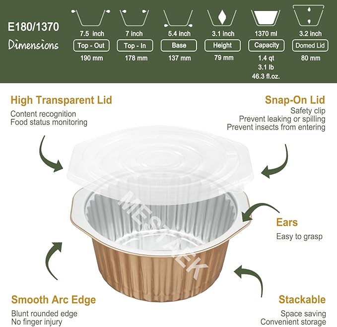 7" Extra-Deep Aluminum Foil Pans with Integrated Handles and Snap-On Lids (10 pcs) | 2X Thickness Heavy-Duty Reusable Tin for Baking and Cooking