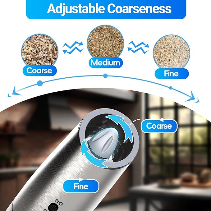 Rechargeable Gravity Electric Salt and Pepper Grinder Set with LED Light, Type-C Fast Charging, Adjustable Coarseness, Large Capacity Grinder for Kitchen & Outdoor, (2 Pack-Stainless Steel)