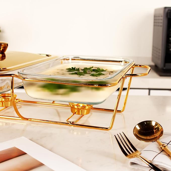 Casserole Dish Set Rectangle 3-in-1 Glass Baking Dish, with Stainless steel Lid and Gold rack, 1.3 Qt x 3 pcs Baking Pan For Casserole & Lasagna, Dishwasher Oven Freezer Microwave Safe