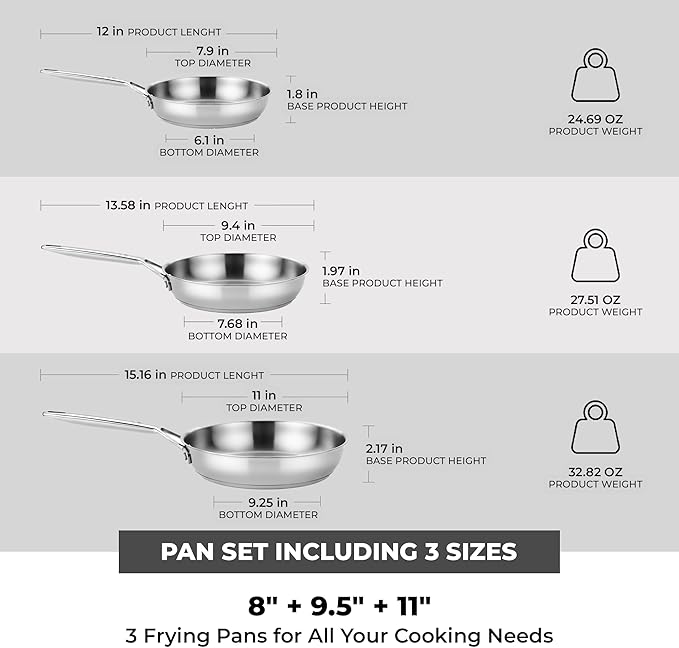 BRA COOKWARE Signature 3 Frying Pan Set | 8 + 9.5 + 11 inches Professional Skillet | Stainless Steel Frypan | All Stovetop Compatible Skillet | PFOA Free | w/o Non-Stick Coating | Polished Finish