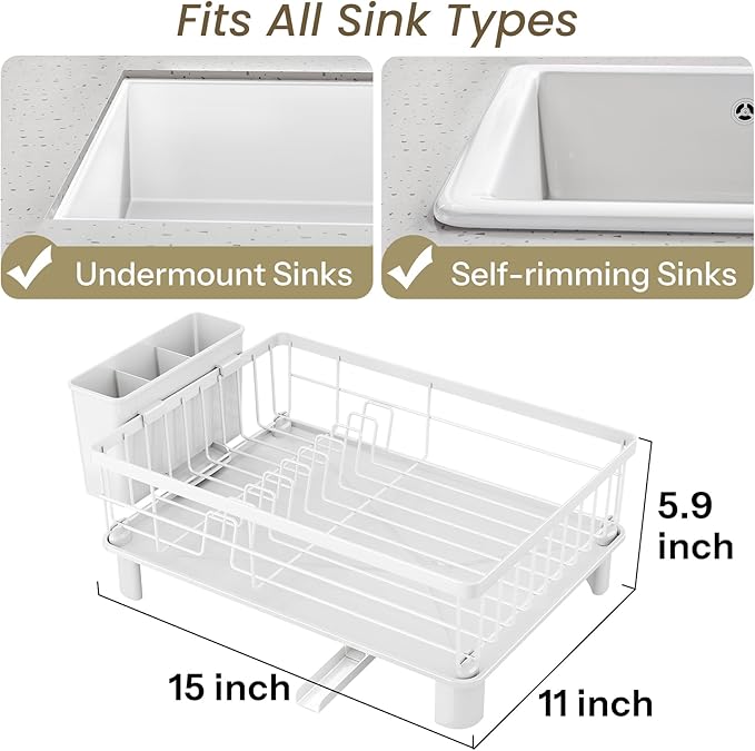 Dish Drying Rack - Small Dish Rack for Kitchen Counter, Stainless Steel Dish Drainer with Utensil Holder and Drainboard (White)