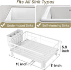 Dish Drying Rack - Small Dish Rack for Kitchen Counter, Stainless Steel Dish Drainer with Utensil Holder and Drainboard (White)