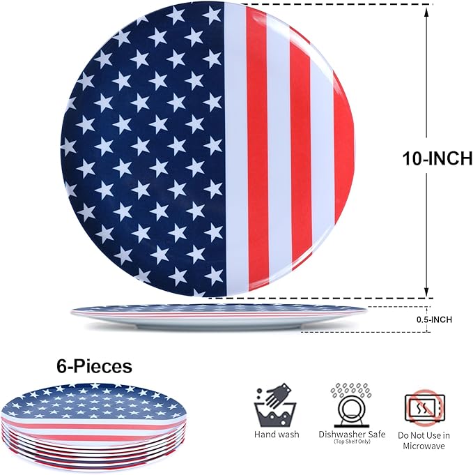 White Melamine Dinner Plates,6pcs Dishes Set,10inch Lightweight Round Plates,Scratch Resistant Unbreakable Serving Dishes,Flag
