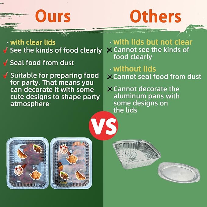 YLT WAX 9x13 Disposable Aluminum Foil Pans with Clear Lids (10 Pack), Durable Half Size Deep Extra Heavy Duty Food Containers for Baking, Cooking, Roasting, Heating or Steam Table