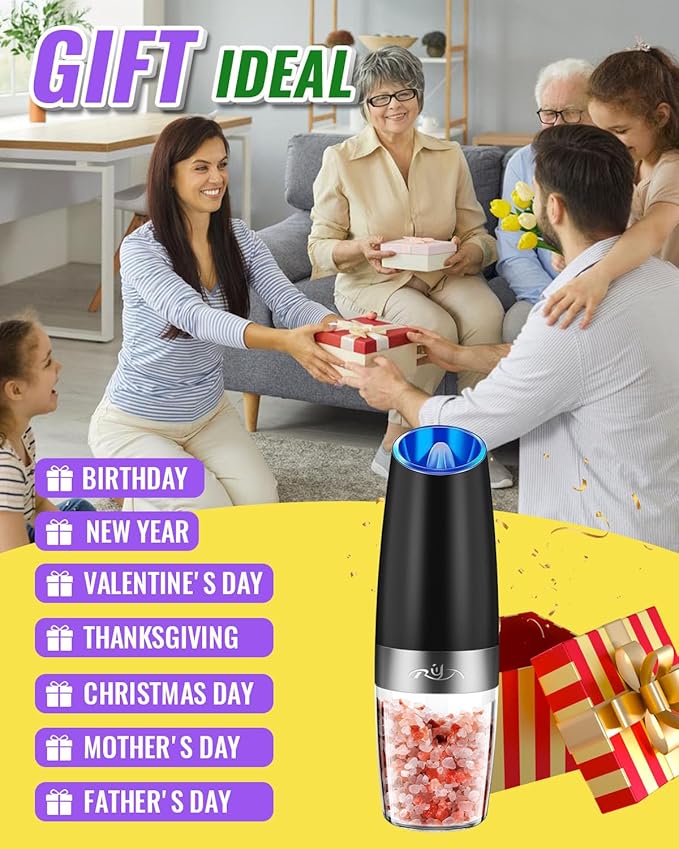 Gravity Electric Salt and Pepper Grinder Set, Automatic and Battery-Operated with Adjustable Coarseness, LED Light, One Hand Operated By Rongyuxuan