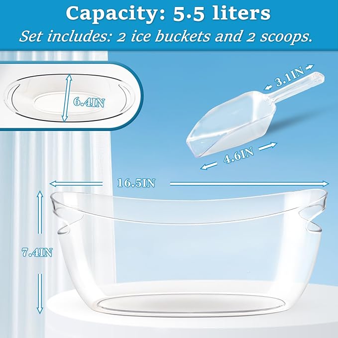 2Pcs Clear Ice Buckets for Parties, 5.5L Acrylic Champagne Bucket with Scoop, Mimosa Bar Supplies, Plastic Tub for Drinks, Cocktail Bar, Wine, Beer, Soda,Beverage,Cooler