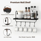 Olakee Floating Wall Shelves for Kitchen Bathroom Coffee Nook with 10 Adjustable Hooks for Mugs Cooking Utensils or Towel Rustic Storage Shelves Set of 2/17x5.9 inch (Black)