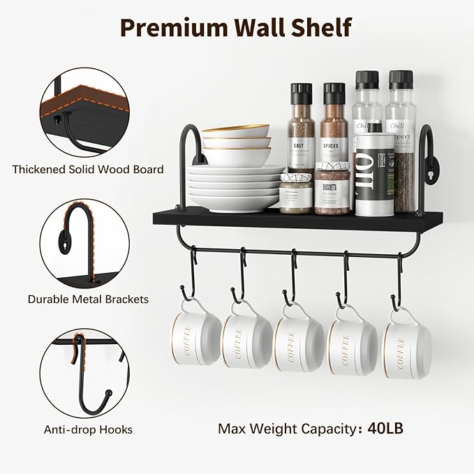 Olakee Floating Wall Shelves for Kitchen Bathroom Coffee Nook with 10 Adjustable Hooks for Mugs Cooking Utensils or Towel Rustic Storage Shelves Set of 2/17x5.9 inch (Black)