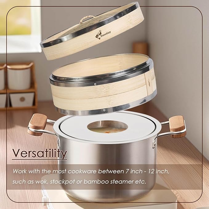 Stainless Steel Steamer Adapter, Fits 7 to 12 Inch Bamboo Steamer Basket, Steaming Ring for Asian Food, Cooking Dumpling, Dim Sum, Rice, Veggies, Vegetable, Chinese Steam Pot