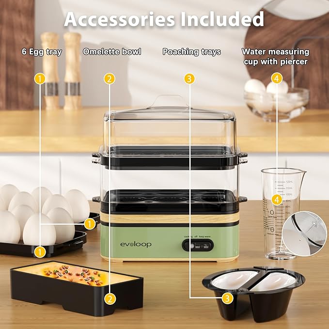 Evoloop Rapid Egg Cooker Electric 12 Eggs Capacity, Soft, Medium, Hard Boiled, Poached, Omelet Maker Egg Poacher & Vegetable Steamer, BPA Free Tray（Green）