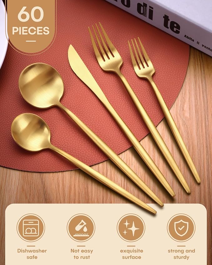 Gold Silverware Set,Ollex 60-Piece Modern Silverware Set for 12 with Knives Forks Spoons Matte Flatware Set Food-Grade Stainless Utensils Satin Finish Tableware Cutlery Set,Dishwasher Safe