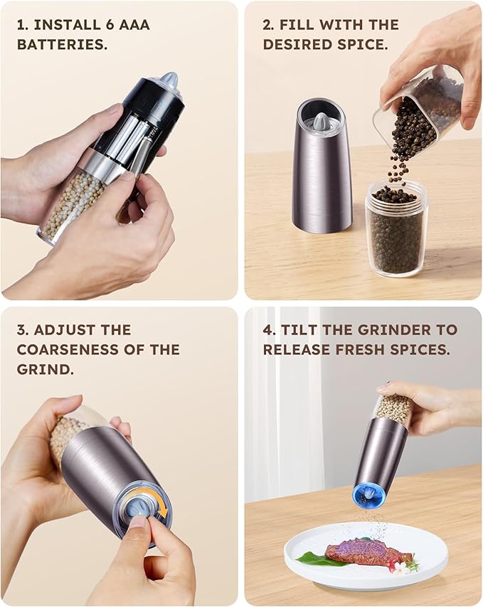 Sangcon Gravity Electric Salt and Pepper Grinder Set Automatic Shakers Mill Grinder with LED Light, Battery Powered Adjustable Coarseness One Hand Operation, Upgraded Larger Capacity