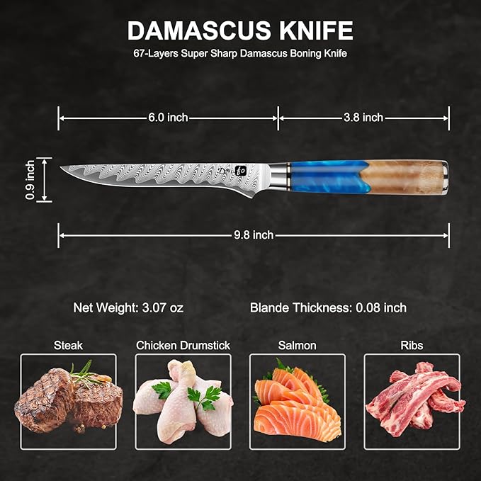 Fillet Knife 6 Inch Damascus Boning Knife for Meat Fish and Poultry Cutting with Super Sharp Japanese Blade with Gift Box and Resin Wood Handle, Ideal Gift for Men and Women