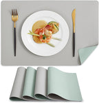MOSAYT Vinyl Placemats Set of 4, Heat Resistant Place Mats 100% Waterproof Washable & Wipeable Faux Leather Reversible Table Mats for Kitchen Dining Party Outdoor, 12" x 17", Light Grey/Aqua