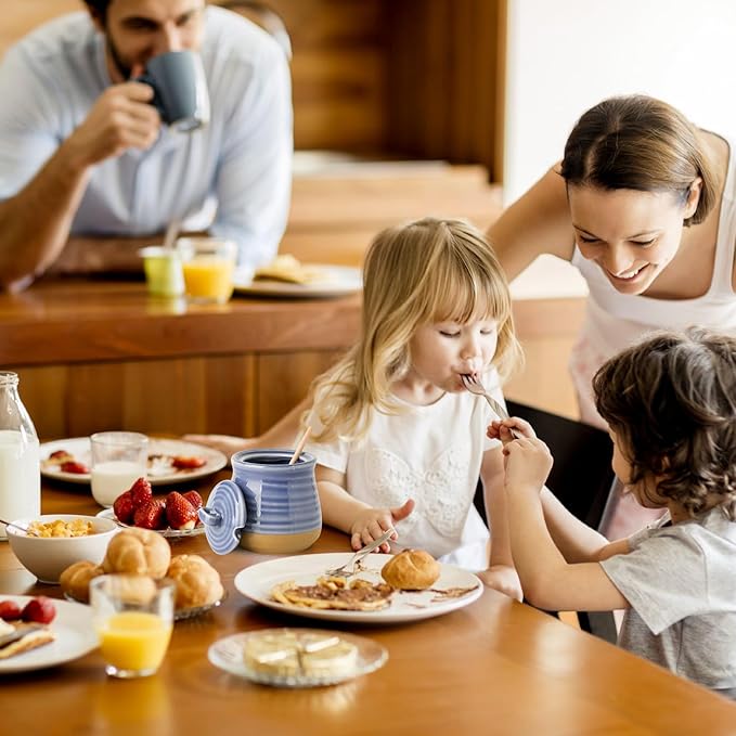 Hasense Honey Jar with Dipper, Ceramic Honey Dispenser Pot with Lid and Wooden Dipper, Vintage 12 oz Containers for Home Kitchen Coffee Bar Decor, Dishwasher Safe, Sky Blue