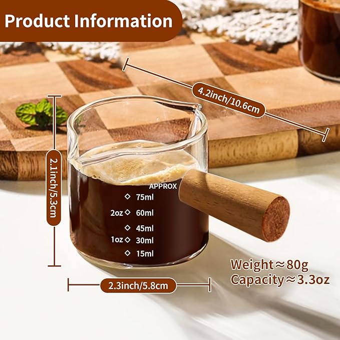 YARRAMATE 3oz Espresso Cups with Wood Handle (2 pack), Clear Glass Espresso Accessories, Double Spout Glass Measuring Cup with Dual Scale, Espresso Shot with V-Shaped Spout