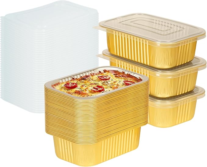 40 Pack 2LB 7.2"×5"×2.2" Gold Heavy Duty Aluminum Foil Pans with Lids 32oz Capacity Foil Food Containers with Lids, Tin Foil Pans with Lids for Baking, Meal Prep, Freezer and Takeout