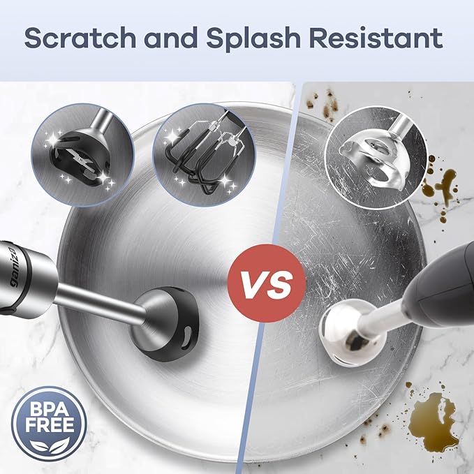 Ganiza Immersion Blender Handheld, 6 in 1 Hand Blender Stainless Steel Blade, 15 Speed Stick Blenders Electric, 800ml Mixing Beaker, 600ml Chopper, Whisk, Frother, Potato Masher