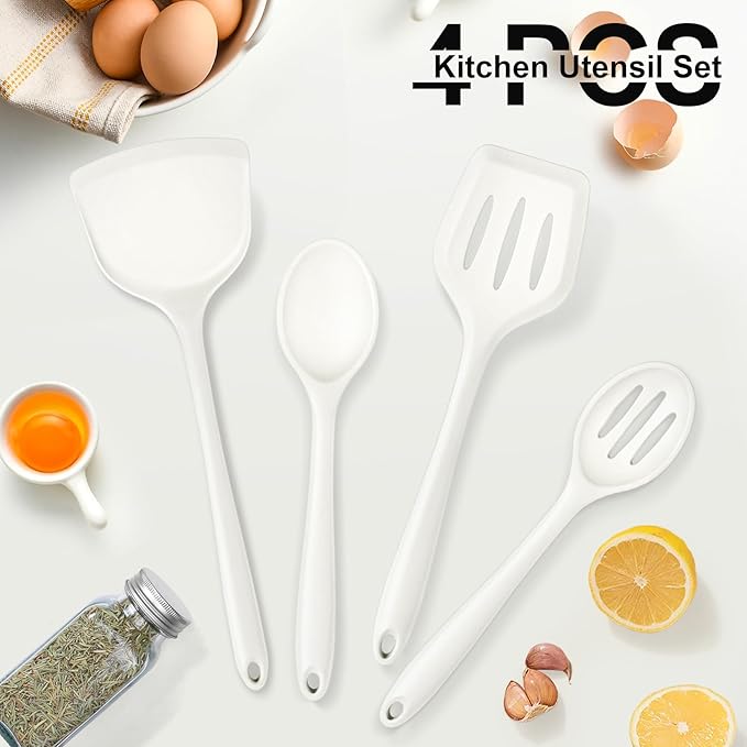 P&P CHEF Kitchen Utensil Set, 4 Pieces Non-stick Silicone Cooking Utensils, Heat-resistant Slotted Solid Spoon Turner for Frying, Mixing, Serving, Non-toxic & Easy to Clean, White