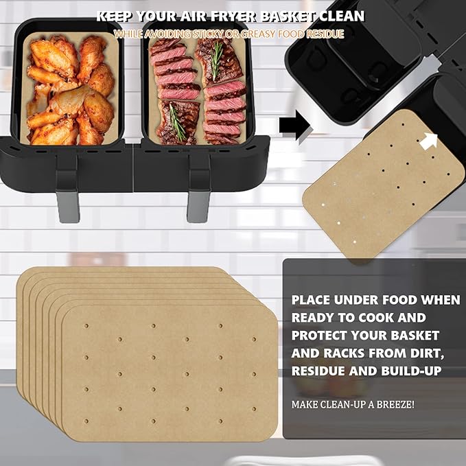 WMKGG Rectangular Air Fryer Parchment Paper, 100 PCS Disposable Perforated Air Fryer Liners with 2 Grilling Mat for Ninja DZ201 Foodi 6-in-1 8-qt. 2-Basket