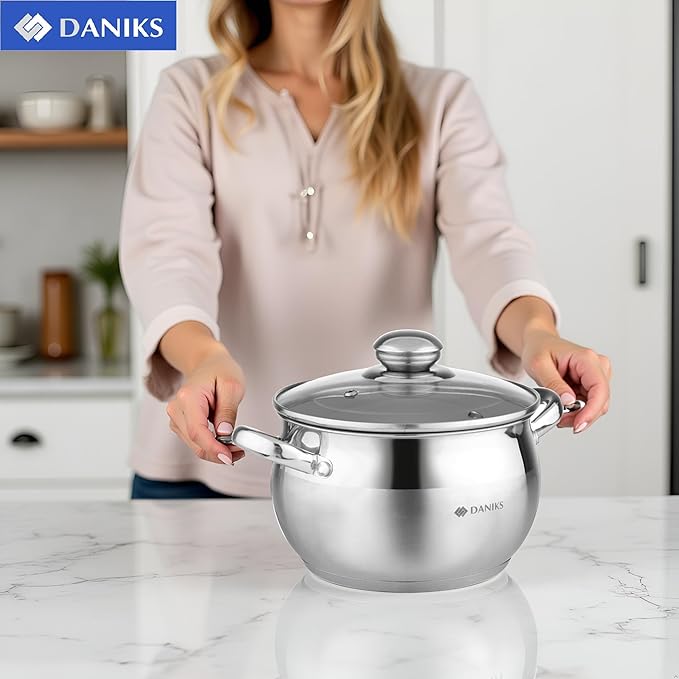 Daniks Classic 3 Quart Stainless Steel Stock Pot with Glass Lid, Tri-Ply Bottom for Even Heating, Induction Compatible, Dishwasher Safe